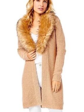 Fur Trim Open-Front Women’s Sweater Cardigan - Camel